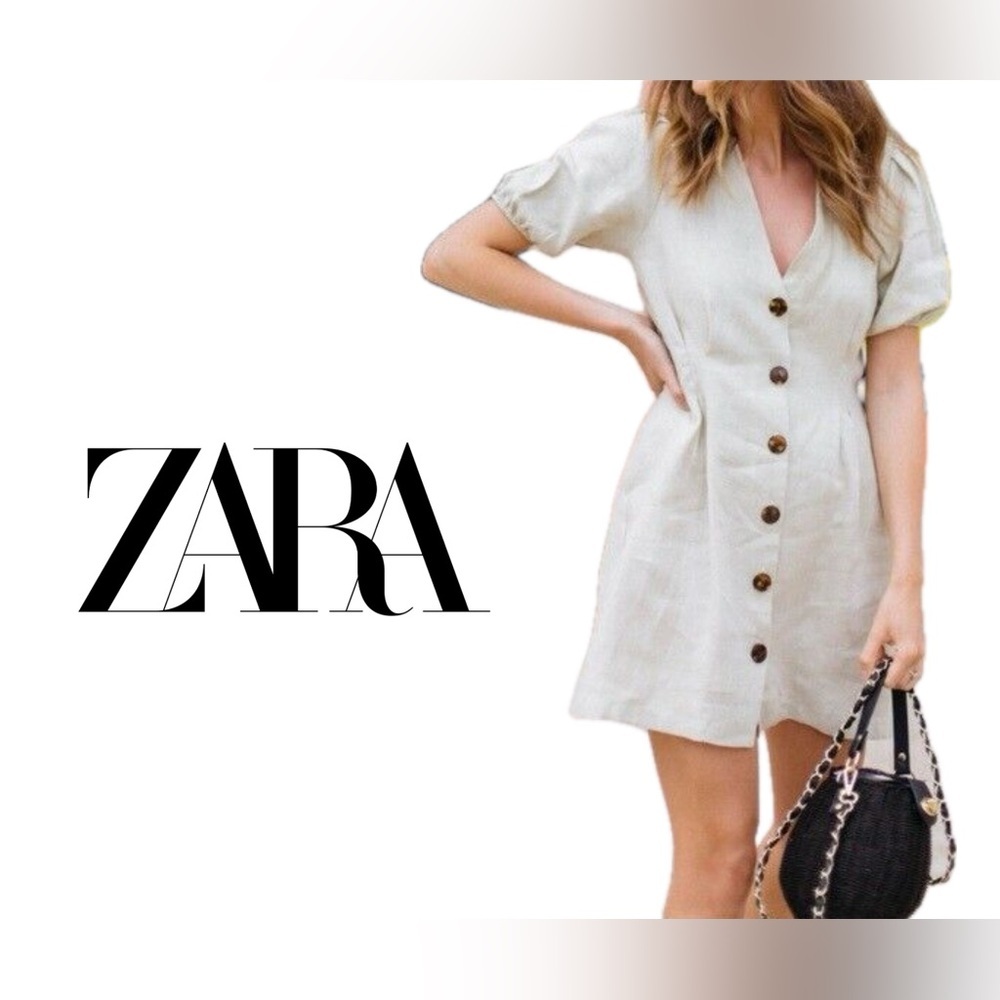 Zara Linen Puff Sleeve Dress Size S in Ecru Natural Linen Color Vacation Dress